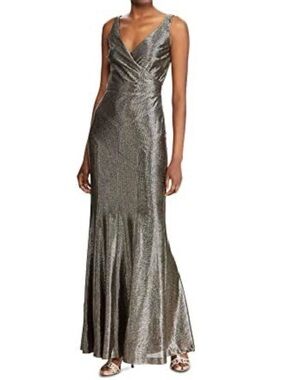 Lauren Ralph Lauren Aletheo Metallic Gold Faux Wrap Maxi Gown Dress 14 NWT